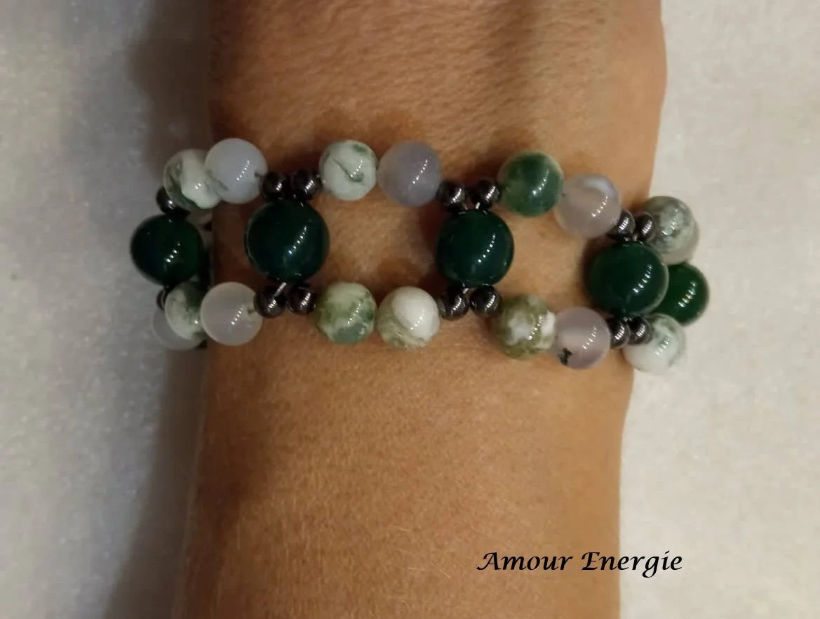 Bracelet Agate Verte Hématite double rangs